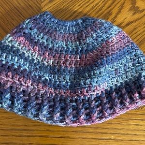 Handmade messy bun pony tail beanie hat Blue Pink multicolored